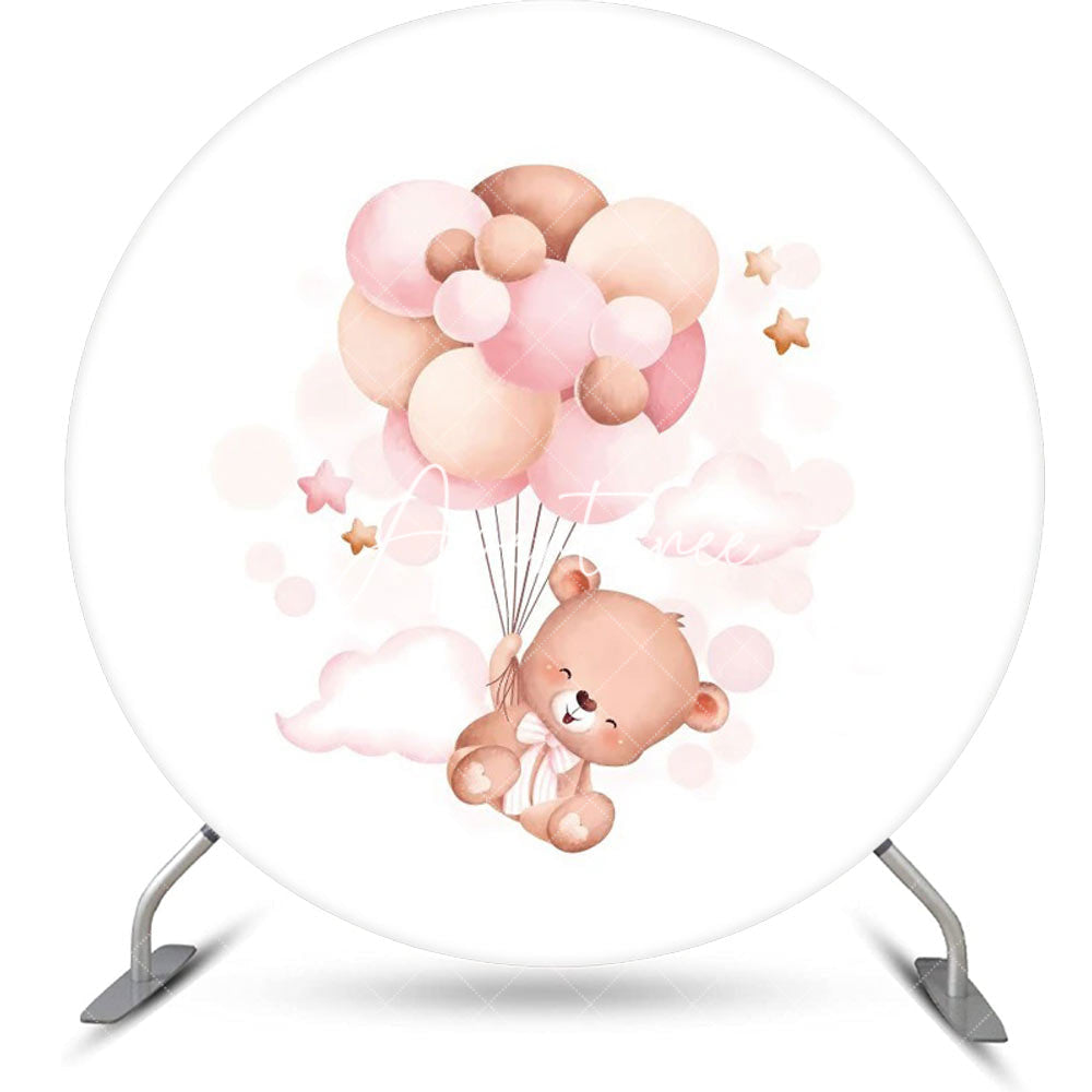 Aperturee - Pink Balloon Bear Cloud Round Baby Shower Backdrop