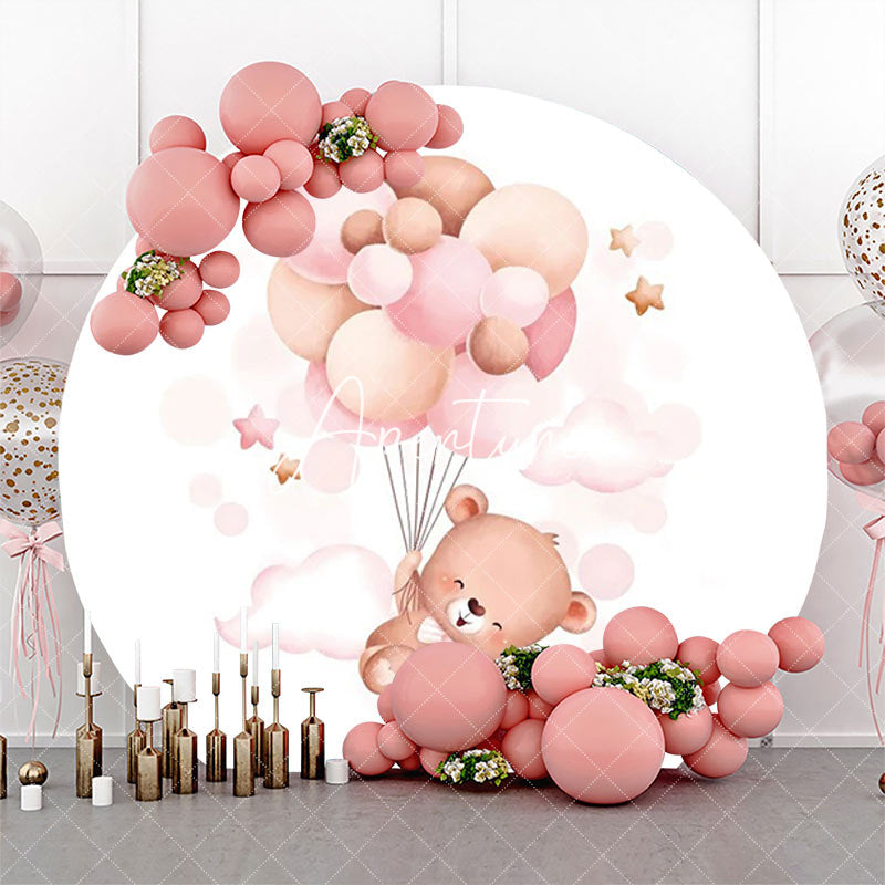 Aperturee - Pink Balloon Bear Cloud Round Baby Shower Backdrop