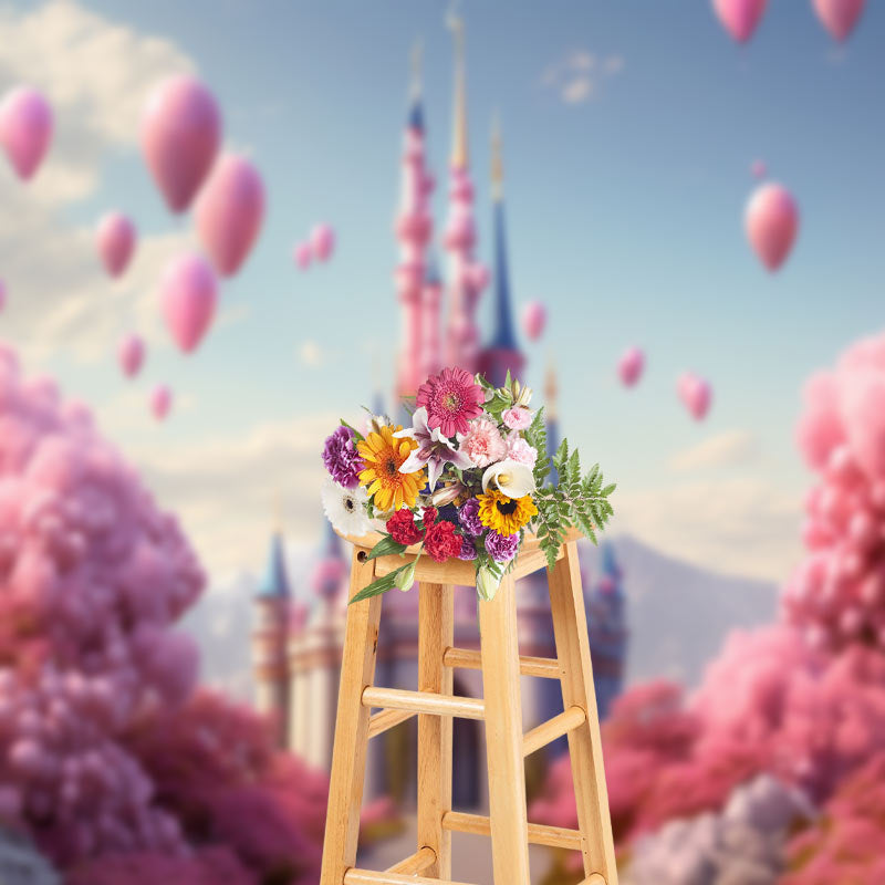 Aperturee - Pink Balloon Castle Spring Photography Backdrop