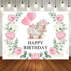 Aperturee - Pink Balloon Floral And Little Sheep Birthday Backdrop