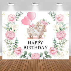 Aperturee - Pink Balloon Floral And Little Sheep Birthday Backdrop