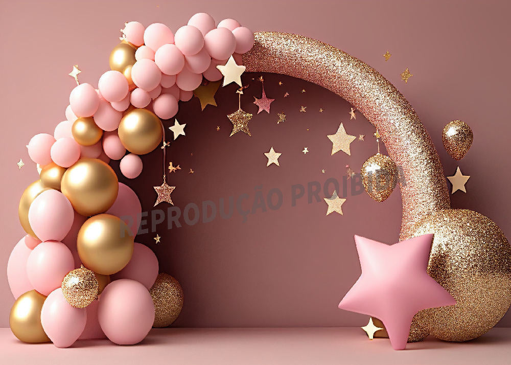 Aperturee - Pink Balloon Gold Glitter Stars Cake Smash Backdrop