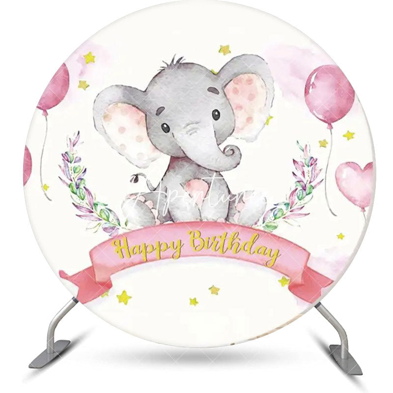 Aperturee - Pink Balloon Star Elephant Round Birthday Backdrop