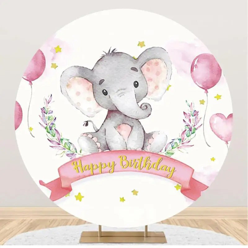 Aperturee - Pink Balloon Star Elephant Round Birthday Backdrop