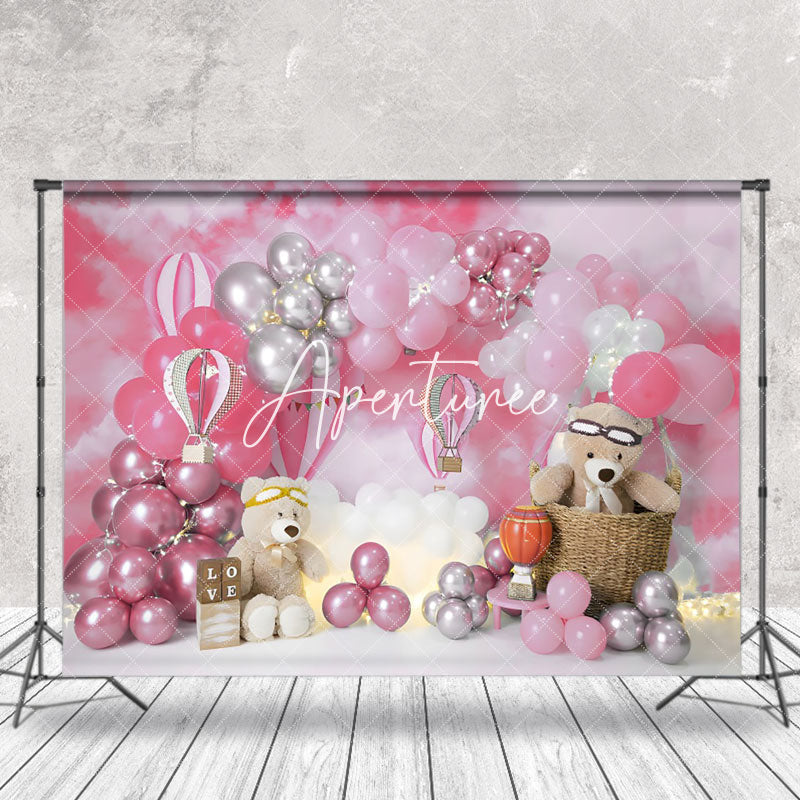 Aperturee - Pink Balloon teddy bear birthday cake smash Backdrop