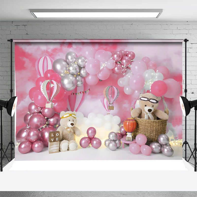 Aperturee - Pink Balloon teddy bear birthday cake smash Backdrop