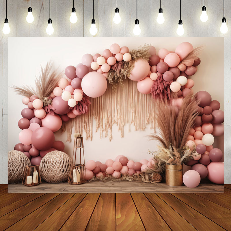 Aperturee - Pink Balloons Arch Boho Girls Birthday Backdrop