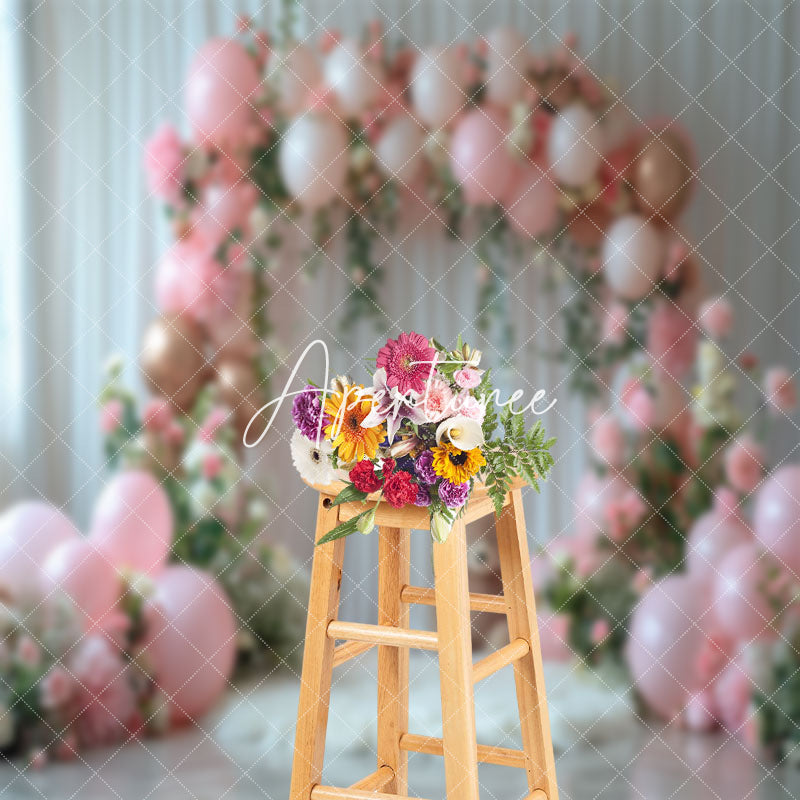 Aperturee - Pink Balloons Arch White Curtain Cake Smash Backdrop