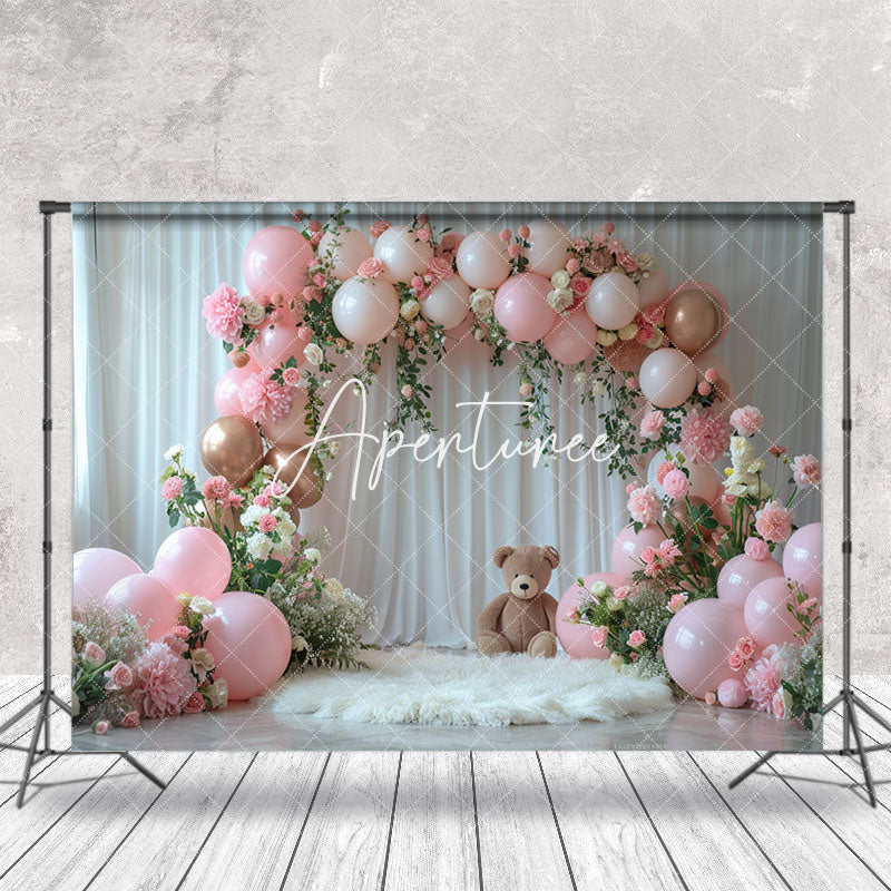 Aperturee - Pink Balloons Arch White Curtain Cake Smash Backdrop