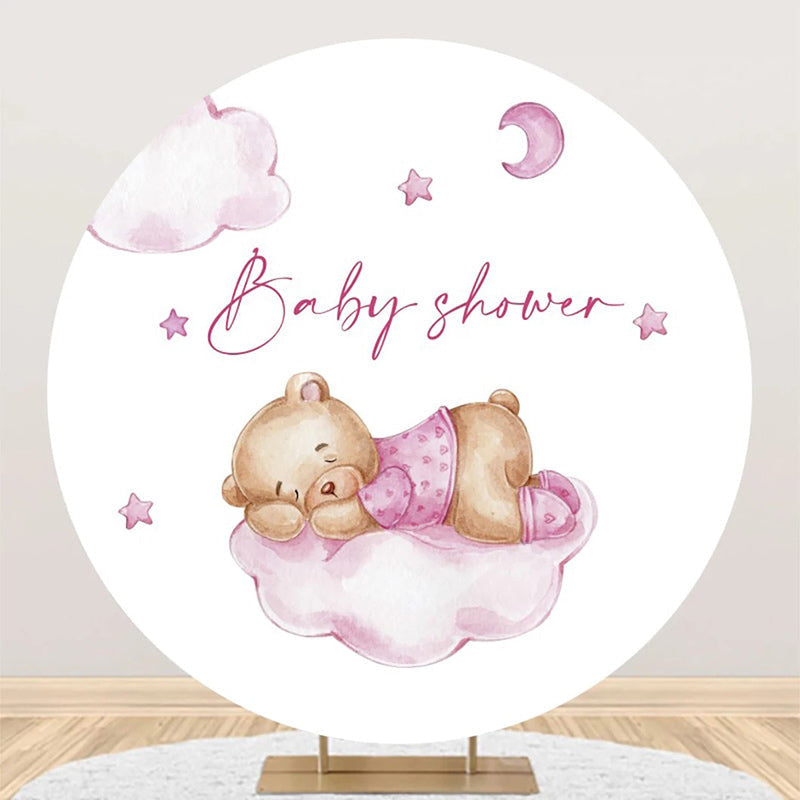 Aperturee - Pink Bear Cloud Star Moon Round Baby Shower Backdrop