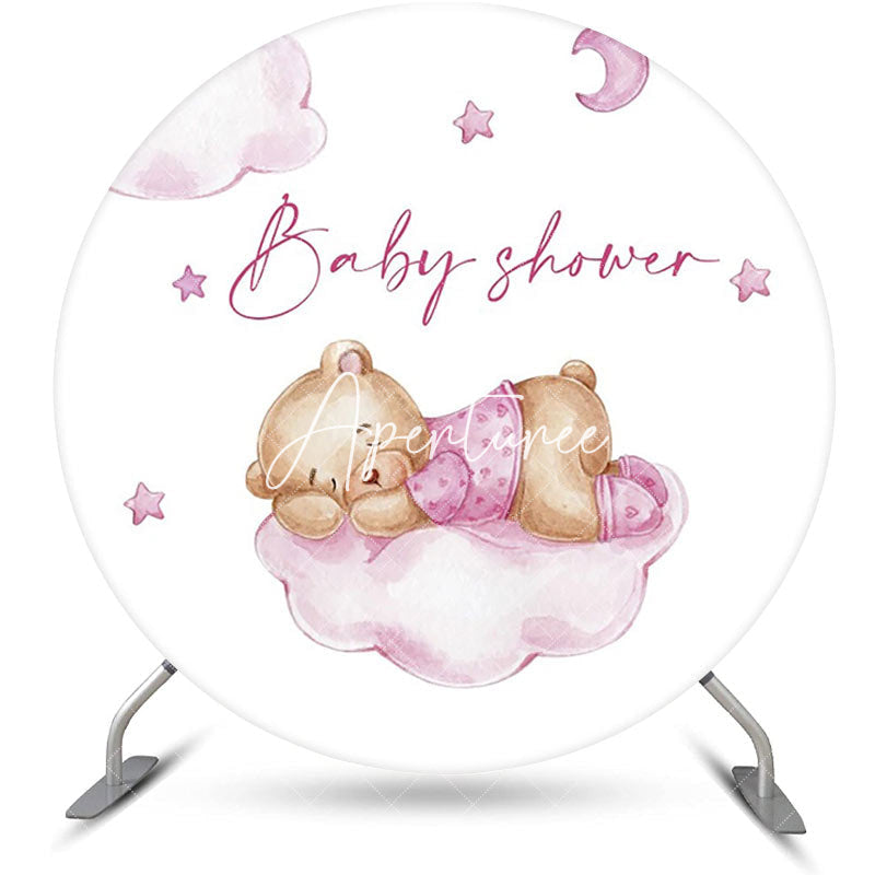 Aperturee - Pink Bear Cloud Star Moon Round Baby Shower Backdrop