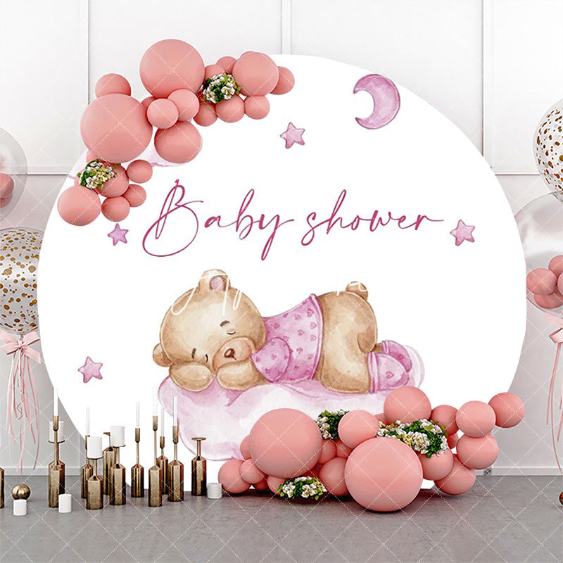 Aperturee - Pink Bear Cloud Star Moon Round Baby Shower Backdrop