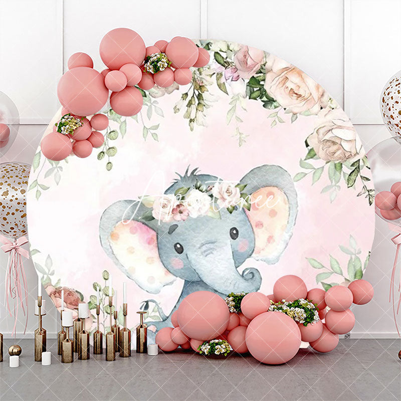 Aperturee - Pink Beige Floral Animal Round Baby Shower Backdrop