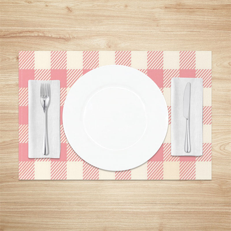 Aperturee - Pink Beige Plaid Fabric Dining Set Of 4 Placemats