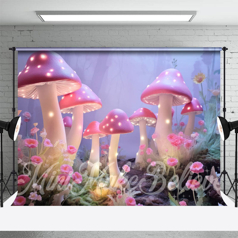 Aperturee - Pink Big Cute Mushroom Misty Floral Path Backdrop