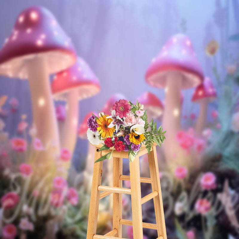 Aperturee - Pink Big Cute Mushroom Misty Floral Path Backdrop