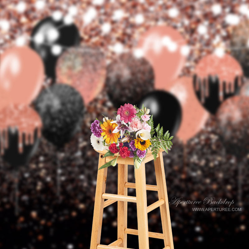 Aperturee - Pink Black Balloon Sparkling Bokeh Grad Photo Backdrop