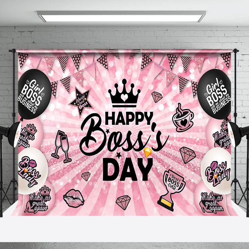 Aperturee - Pink Black Balloons Stripe Happy Bosss Day Backdrop