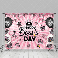 Aperturee - Pink Black Balloons Stripe Happy Bosss Day Backdrop