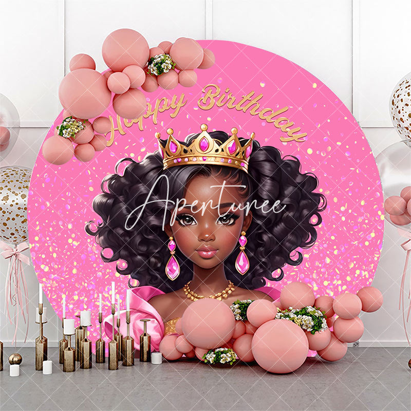 Aperturee - Pink Black Princess Round Happy Birthday Backdrop