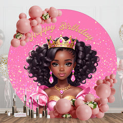 Aperturee - Pink Black Princess Round Happy Birthday Backdrop