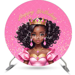 Aperturee - Pink Black Princess Round Happy Birthday Backdrop