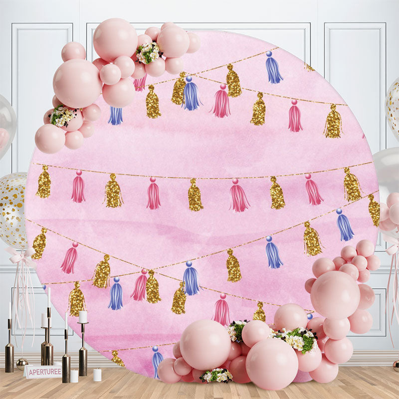 Aperturee - Pink Blue And Gold Glitter Round Birthday Backdrop