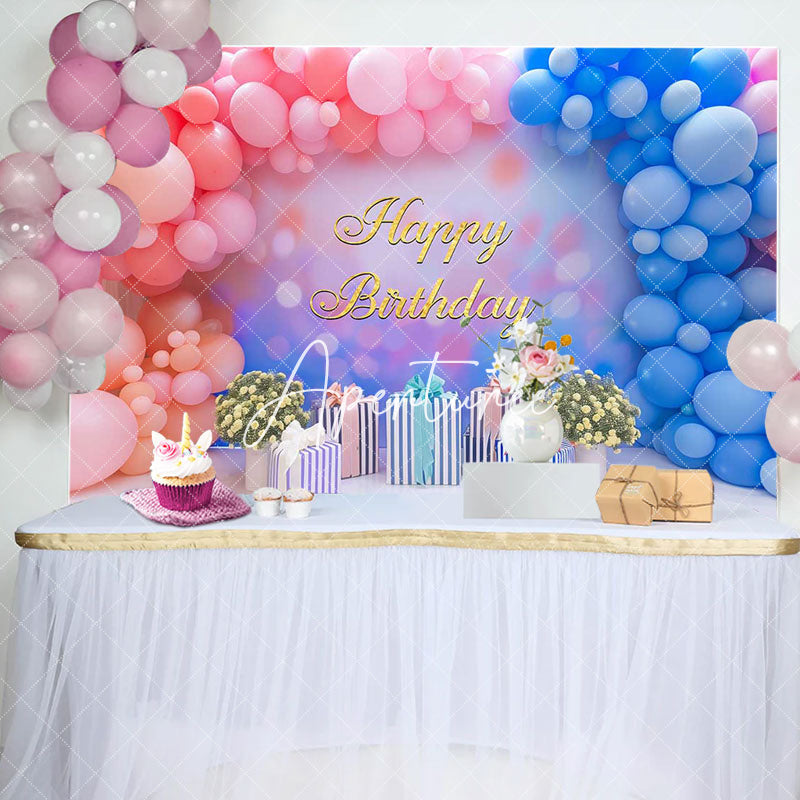 Aperturee - Pink Blue Balloons Gifts Happy Birthday Backdrop