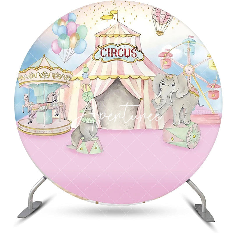 Aperturee - Pink Blue Elepants Carousel Circus Round Backdrop