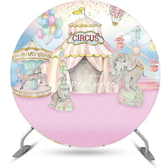 Aperturee - Pink Blue Elepants Carousel Circus Round Backdrop