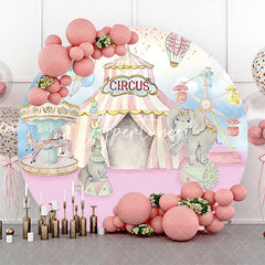 Aperturee - Pink Blue Elepants Carousel Circus Round Backdrop