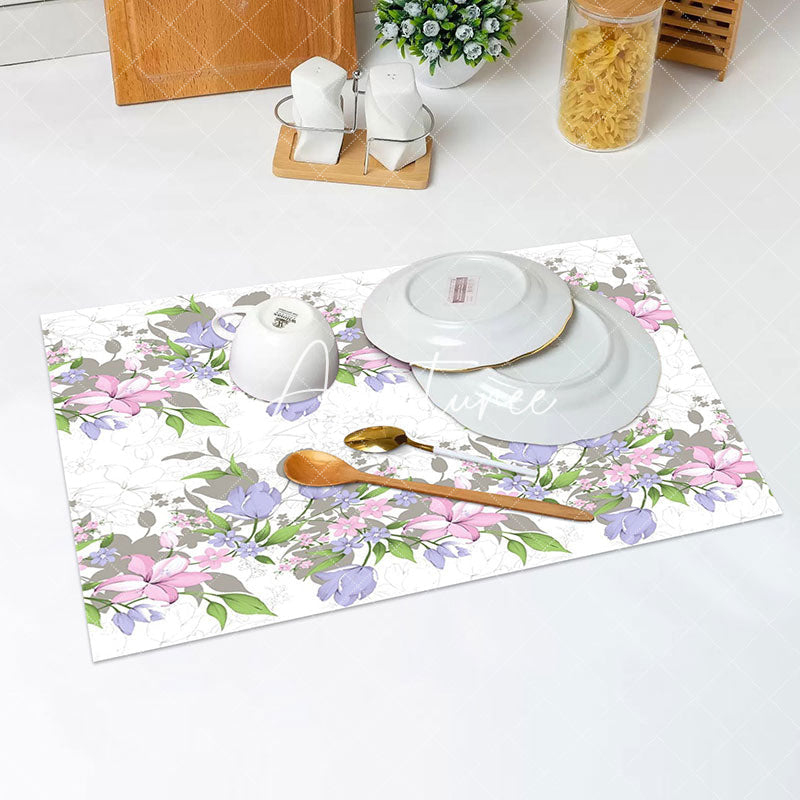 Aperturee - Pink Blue Flowers Leaves Pattern Set Of 4 Placemats