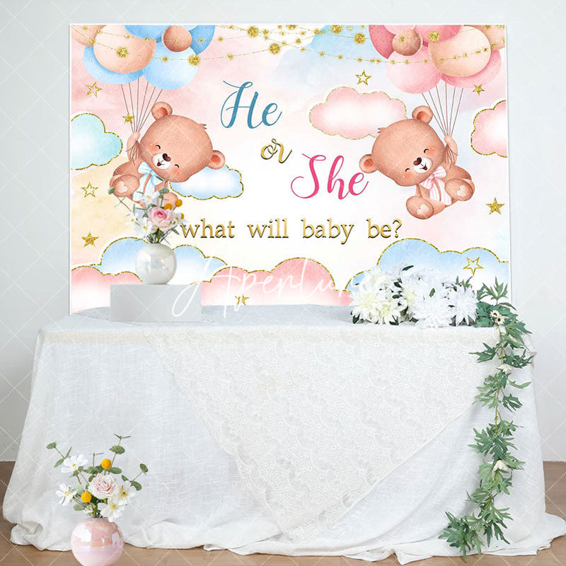 Aperturee - Pink Blue Gold Clouds Bears Gender Reveal Backdrop