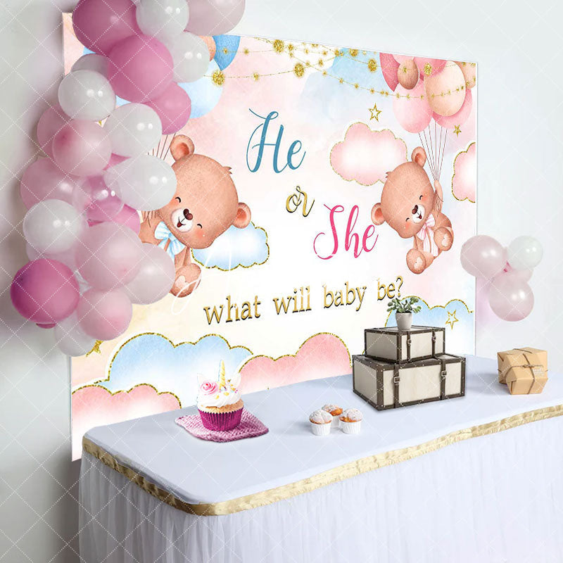 Aperturee - Pink Blue Gold Clouds Bears Gender Reveal Backdrop