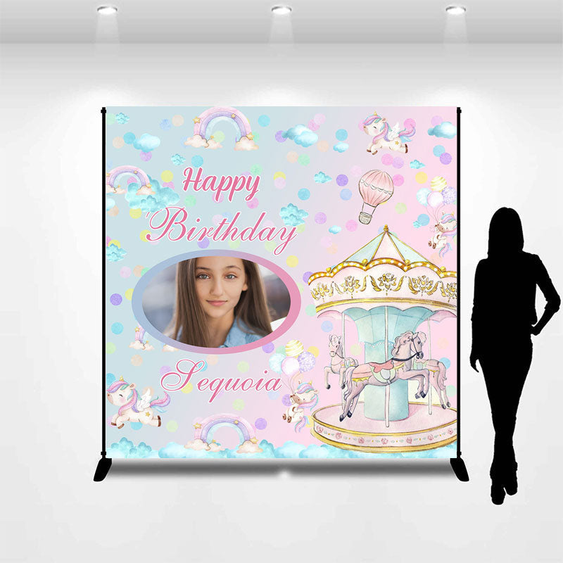 Aperturee - Pink Blue Merry Go Round Custom Birthday Backdrop