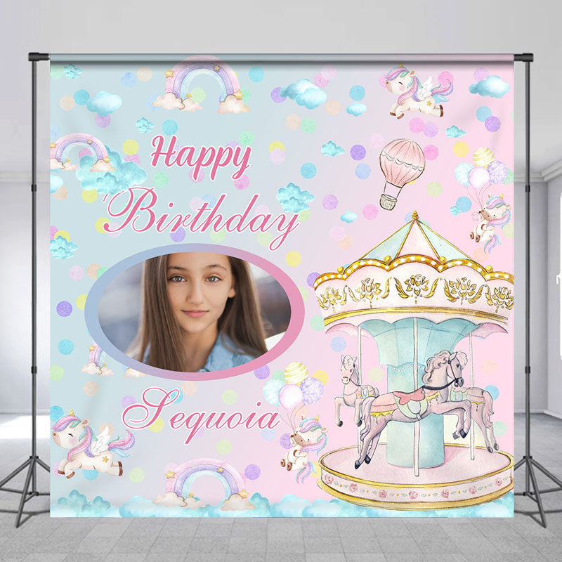 Aperturee - Pink Blue Merry Go Round Custom Birthday Backdrop