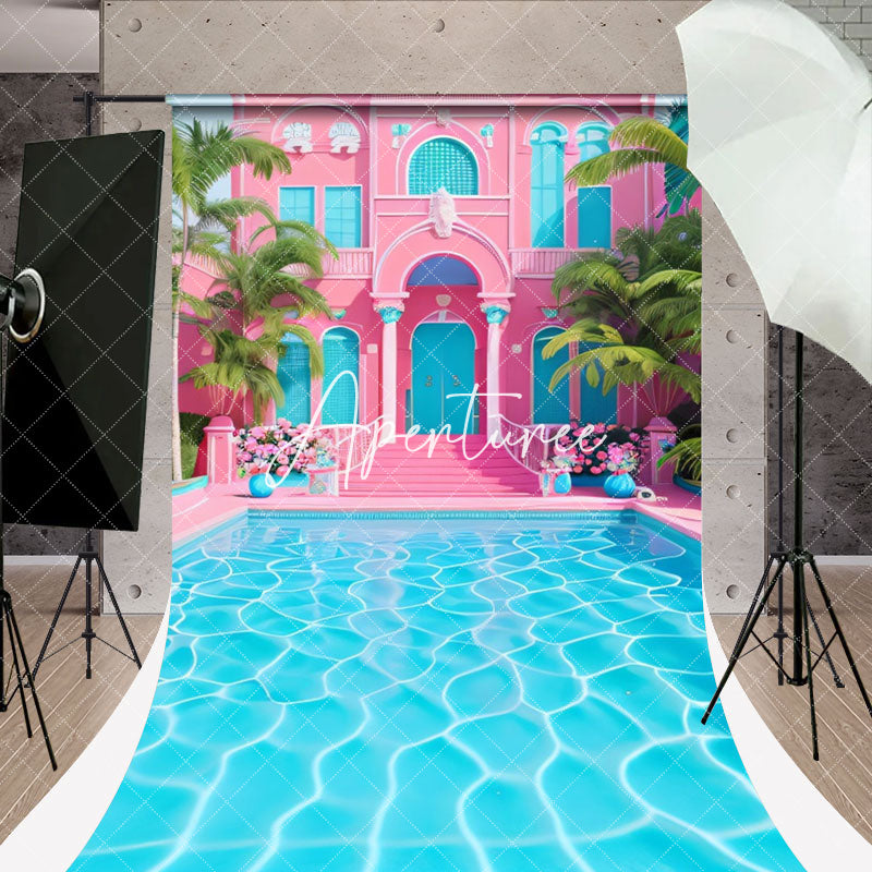 Aperturee - Pink Blue Villa Pool Sweep Photography Backdrop