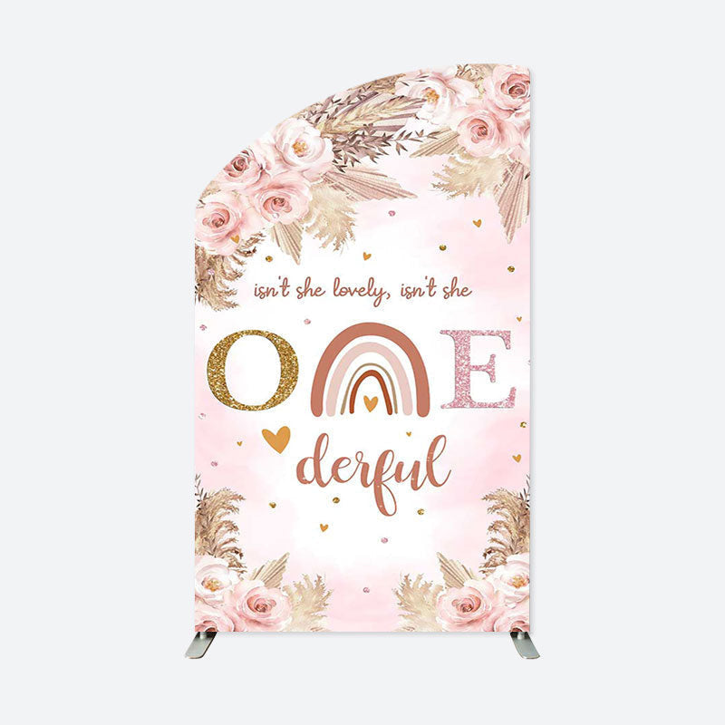 Aperturee - Pink Boho 1st Birthday Convex Oblique Arch Backdrop