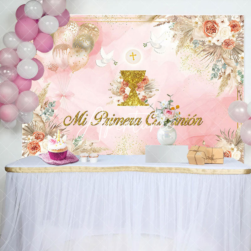 Aperturee - Pink Boho Dried Floral Balloons Batpism Backdrop