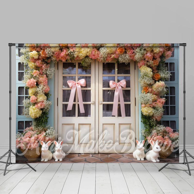 Aperturee - Pink Bow Tie Bunny Floral Wood Door Easter Backdrop