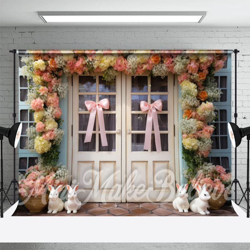 Aperturee - Pink Bow Tie Bunny Floral Wood Door Easter Backdrop