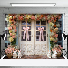 Aperturee - Pink Bow Tie Bunny Floral Wood Door Easter Backdrop