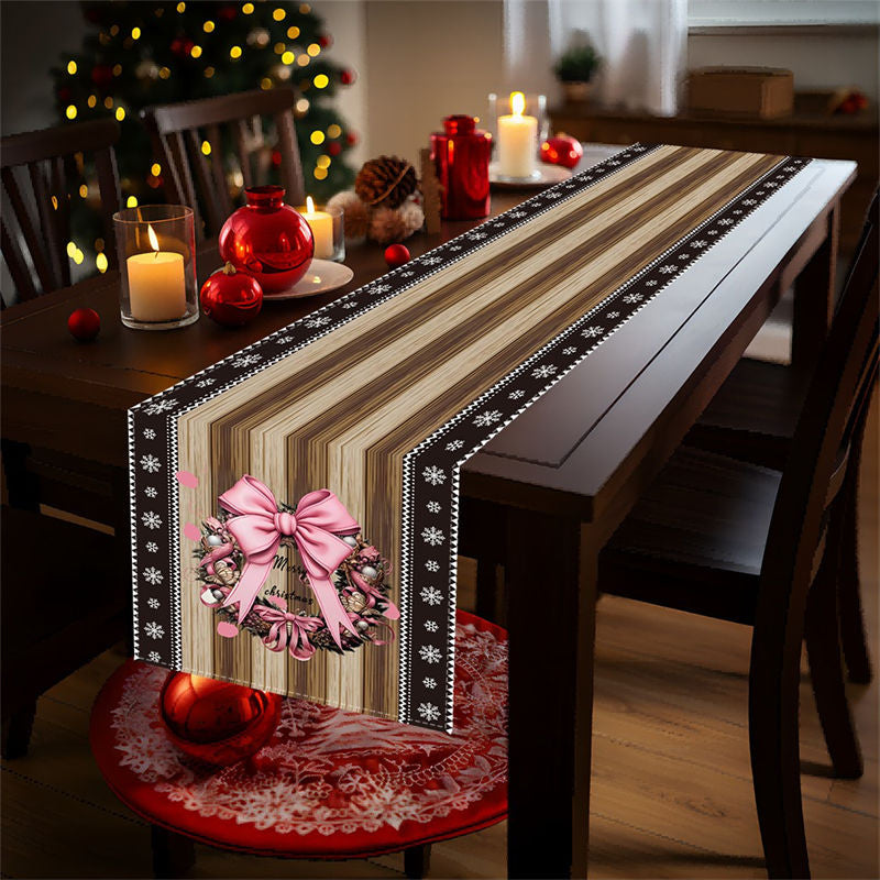 Aperturee - Pink Bowknot Wreath Wooden Christmas Table Runner