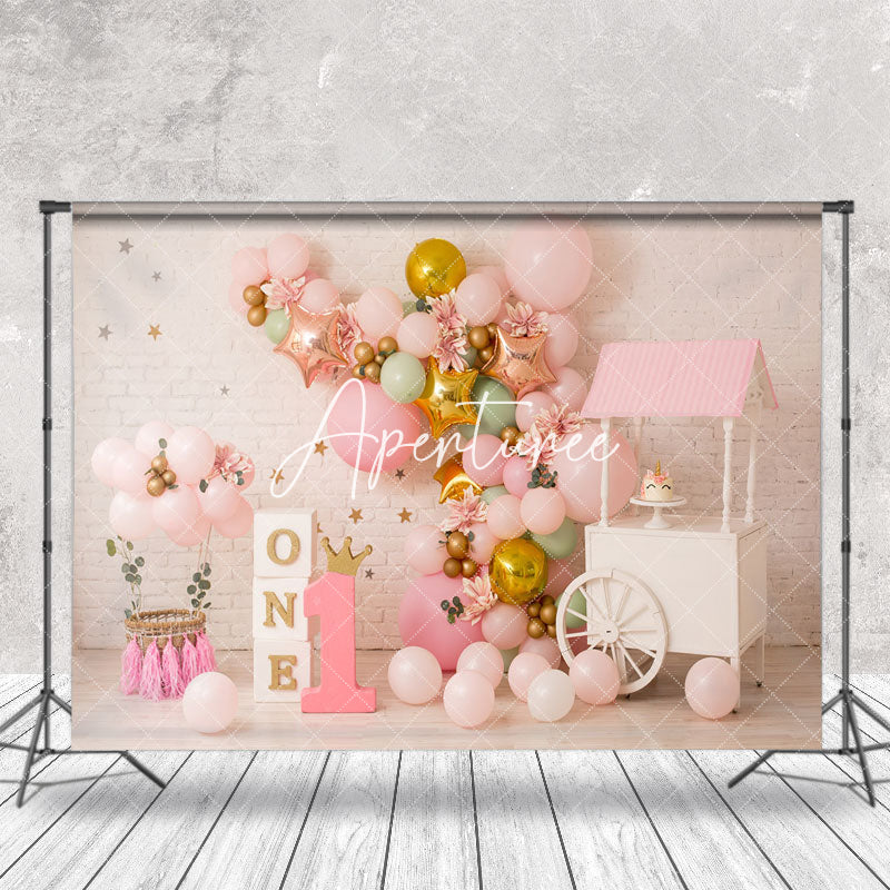 Aperturee - Pink Brick Wall Balloon Birthday Cake Smash Backdrop