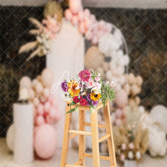 Aperturee - Pink Brown Boho Floral Balloons Cake Smash Backdrop