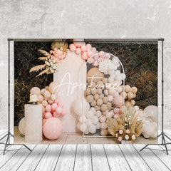 Aperturee - Pink Brown Boho Floral Balloons Cake Smash Backdrop