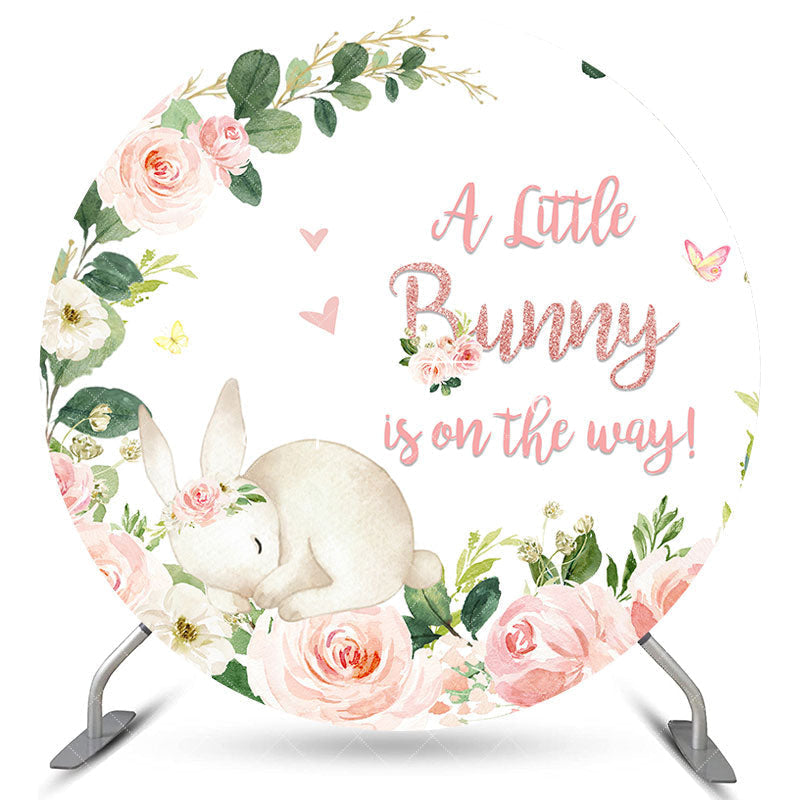 Aperturee Pink Bunny And Flower Spring Round Baby Shower Backdrop