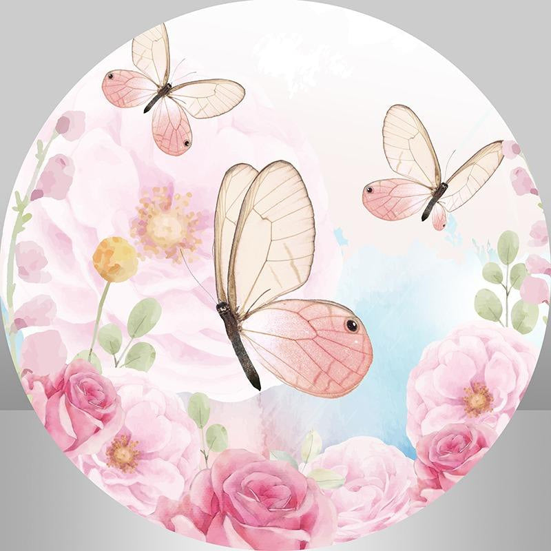 Aperturee - Pink Butterfly And Floral Round Girls Birthday Backdrop