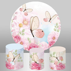 Aperturee Pink Butterfly And Floral Round Girls Birthday Backdrop