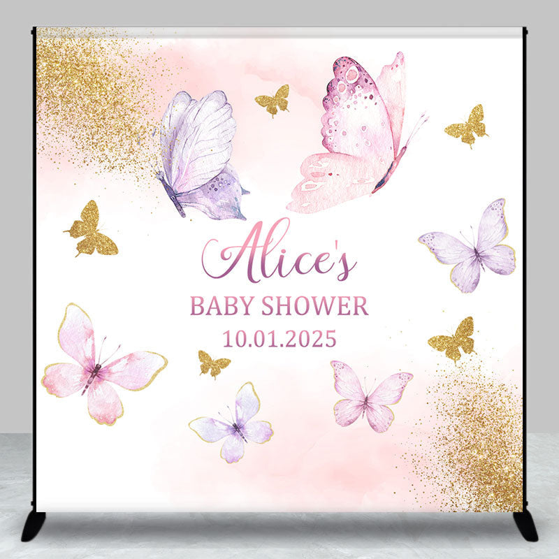 Aperturee - Pink Butterfly Baby Shower Backdrop With Custom Name